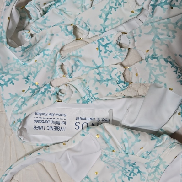 Venus swimsuit bikini white and aqua coral foil gold dots medium high-waisted - Picture 9 of 9